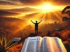 A beautiful sunrise over Ethiopia, symbolizing hope and new beginnings. In the foreground, an open Bible with Matthew 6_25-33 highlighted. A person st