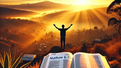 A beautiful sunrise over Ethiopia, symbolizing hope and new beginnings. In the foreground, an open Bible with Matthew 6_25-33 highlighted. A person st