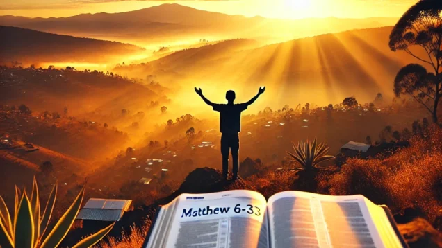A beautiful sunrise over Ethiopia, symbolizing hope and new beginnings. In the foreground, an open Bible with Matthew 6_25-33 highlighted. A person st